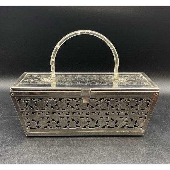 Handbags - Rectangle Silver Tone Pierced Metal With Lucite Handle Mirror MCM Vintage